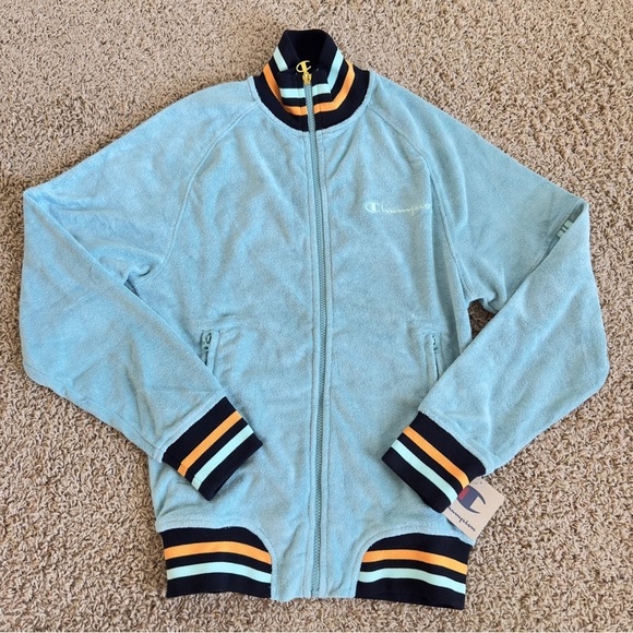 Champion Turquoise Jacket Casual Sport Velor Bomber Mens Size Large Full Zip - Picture 1 of 8